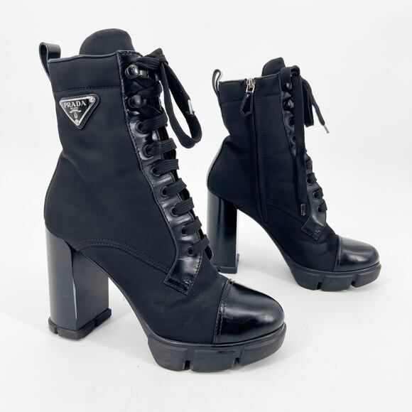 Prada Black Spazzolato Re-Nylon Metal Triangle Logo Ankle Combat Boot IT 38 - Picture 1 of 13